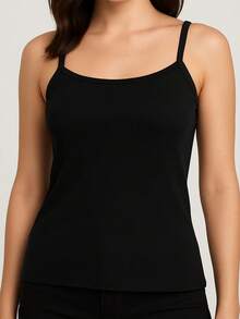Basic Casual Polyester Sports And Fitness Ribbed Thin Strap Tank Top - 黑色 - 查看 2