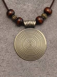 1pc Threaded Wooden Beaded & Geometric Shape Alloy Pendant Necklace For Women, Vintage Sweater Chain