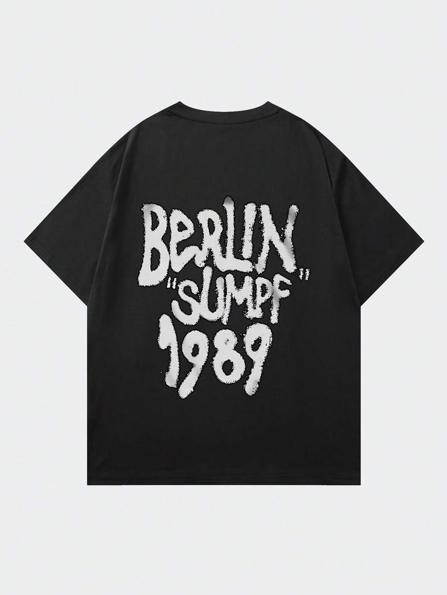 Shwiy Men's Casual Versatile Black Short Sleeve T-Shirt With Simple Berlin Text Print, Suitable For Daily Wear, Gift, Street Fashion - Black - View 1
