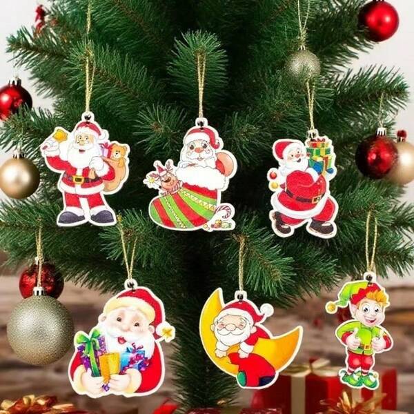 6pcs Christmas Merry Christmas Wooden Hanging Ornaments, Christmas Tree & New Year Holiday Decorations Wholesale