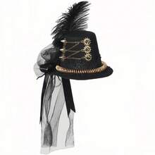 Steampunk Mini Top Hat, Mechanical Gear Punk Black Hair Clip Hat, Black Small Hat, Rivet Decor, Best Gift For Halloween, Vintage Veil Fascinator Hat For Masquerade Ball, Costume Party, Photography Props