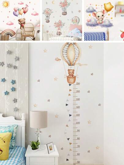 1Pc Growth Chart Wall Sticker For Kids Room, 50-150CM Height Ruler Decal With Cute Cartoon Animals Bear Balloons, Removable Nursery Decor, Baby Girl Boy Room Decorations