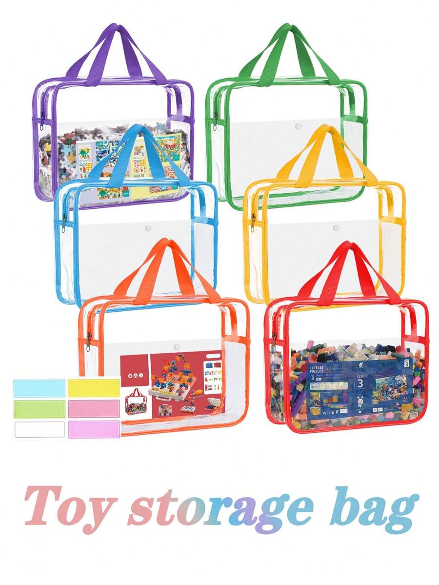 1pc Transparent Toy Storage Bag With Zipper And Label, Reusable Clear PVC Toy Organizer Pouch For Tabletop Games, Building Blocks, Puzzles, Toys, Nursery Storage - Multicolor - View 1
