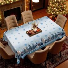 1 件浅蓝色圣诞主题桌布 - 圣诞老人、雪人、驯鹿冬季雪景设计，搭配蓝色雪花 - 耐用涤纶面料 - 适合矩形或圆形桌子，非常适合圣诞节礼物和新年庆祝活动、圣诞餐桌装饰、圣诞装饰 - 彩色 - 查看 16