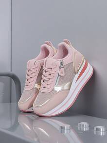 女士厚底户外运动鞋，网眼透气越野跑鞋，四季休闲鞋，适合春秋冬季女学生，卡其色、银灰色、黑色可选