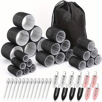 Rollers Hair Curlers 49 Pcs Set With 24Pcs Hair Rollers 4 Sizes (6 Jumbo Rollers/6 Large Rollers/6 Medium Rollers/6 Small Rollers), And 24 Pcs Hair Clips And 1pc Bag For Long Medium Short Hair (Black/Pink/Purple/Rose Pink)