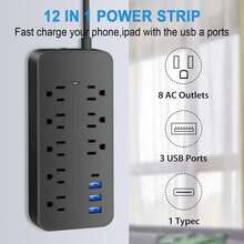 2/1PC  Power Strip, 4FT Extension Cord - 8 Outlets 4 USB Ports (1 USB C) Desktop Charging Station, Surge Protection Travel,Home,Kitchen,Office,College Dorm Room Essentials - 美規B型插(110-127V) - 查看 7