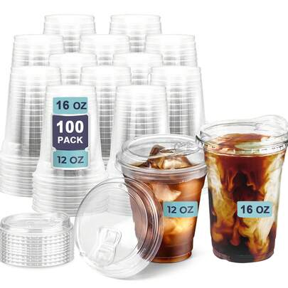 100-Pack Of 16oz/12oz Plastic Cups With Strawless Drinking Lids, Sturdy And Durable Disposable Iced Coffee Cups, Perfect For Cold Brew Coffee, Smoothies Or Other Beverages, Ideal For Travel, Christmas And Holiday Party Supplies.