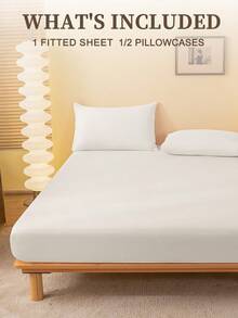 2/3 Pcs Fitted Sheet Set, Bedding, Solid Color Bed Sheet Set, Halloween Decor, Fall Decor, Christmas Decoration, Soft And Comfortable Bedding, Skin-Friendly Bed Cover Set, Room Decor For All Season, Halloween Gift, Mattress Protector For Bedroom, Fits For Single, Twin, Full, Queen And King Size Bed, 1 Fitted Sheet And 1/2 Pillowcases, Machine Washable - 暖白色 - 查看 2