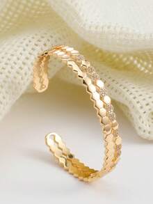 2 件套奢华蜂巢锆石开口戒指和手链套装，适合女性节日佩戴 - 金黃色 - 查看 8