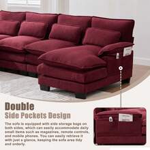 U Shaped Cloud Couch, 110" Chenille Comfy 4 Seat Sectional Couches For Living Room, Modular Sofa Sleeper With Double Chaise & Memory Foam For Apartment - 酒紅色 - 查看 4