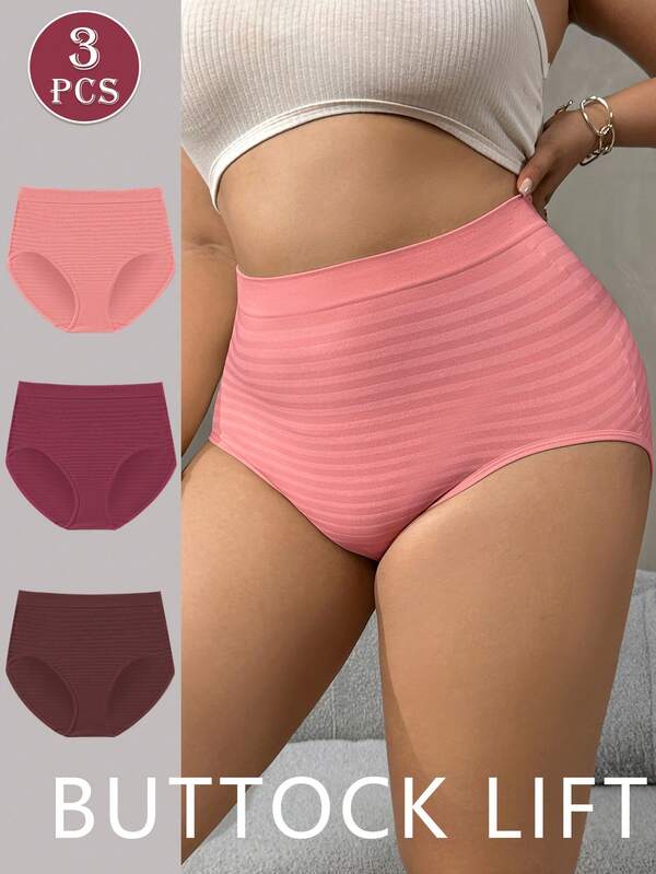 Calcinha feminina plus size, confortável, elástica, cintura alta, levantamento de bumbum, listrada, sem costura, cobertura total, 3 peças