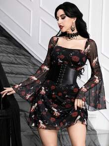 Women's Gothic Elegant Black Halloween Witch Mesh Print Long Sleeve Mini Dress With Square Neckline, Bell Sleeves, Fit And Flare Silhouette - Multicolor - View 1