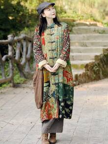 LUZU JUNU Women's Trench Coat Floral Print Long Cotton Linen Jacke Cottagecore Clothing Patchwork Outwear Bohemian Unique - 綠色毛絨襯裡 - 查看 8