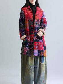 LUZU JUNU Women's Trench Coat Floral Print Long Cotton Linen Jacke Cottagecore Clothing Patchwork Outwear Bohemian Unique - 玫瑰夾克毛絨襯裡 - 查看 3