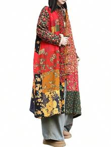 LUZU JUNU Women's Trench Coat Floral Print Long Cotton Linen Jacke Cottagecore Clothing Patchwork Outwear Bohemian Unique - 黃色毛絨襯裡 - 查看 1
