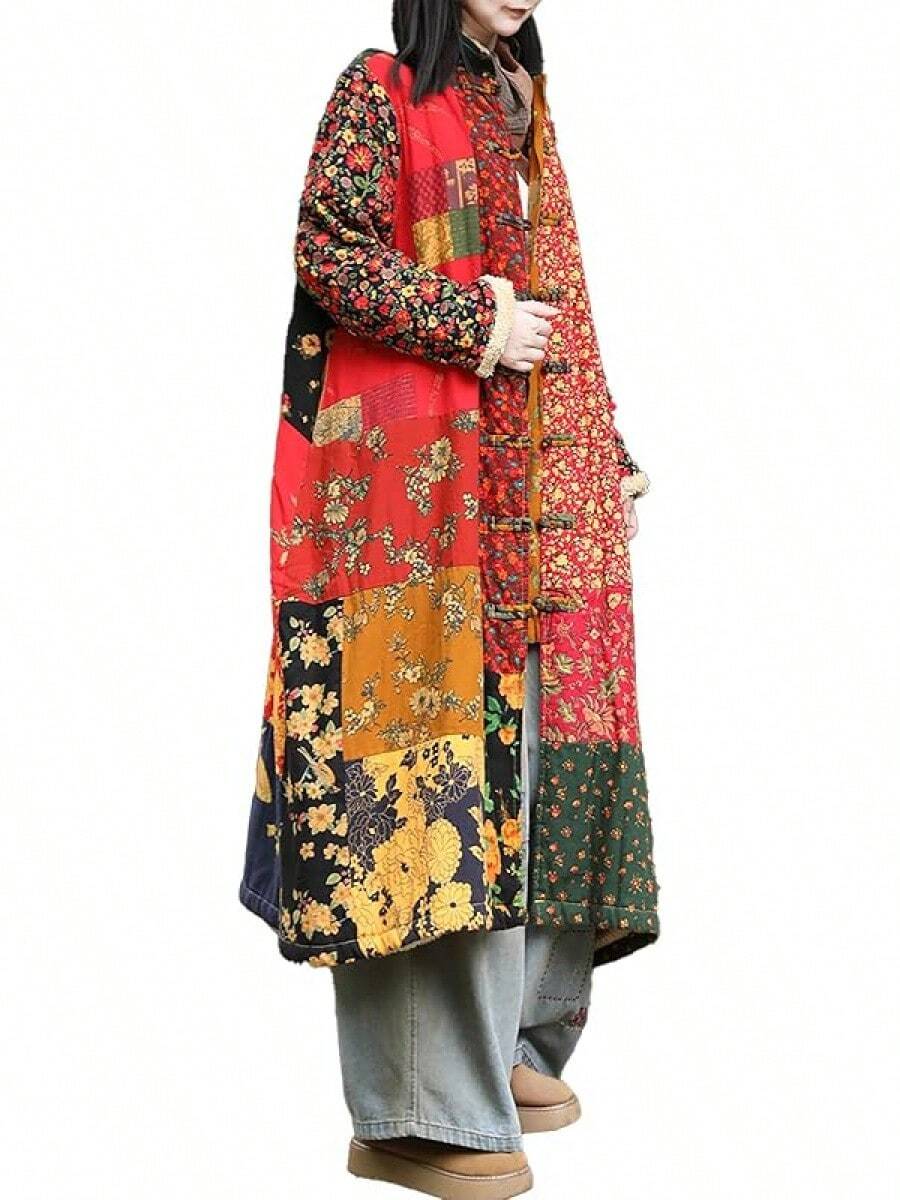 LUZU JUNU Women's Trench Coat Floral Print Long Cotton Linen Jacke Cottagecore Clothing Patchwork Outwear Bohemian Unique - 黃色毛絨襯裡 - 查看 1