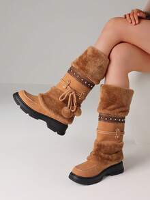 Women's Winter Furry Knee High Snow Boots Fashion Platform Chunky Heels Warm Faux Fur Lining Pull On Casual Comfy Boots Woman - màu nâu - Xem 8