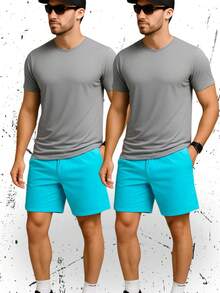 Kit 2 Bermudas Calção Masculino Cordão Básica Lisa Treino Academia Exercício Físico - Azul Turquesa - Visão 3