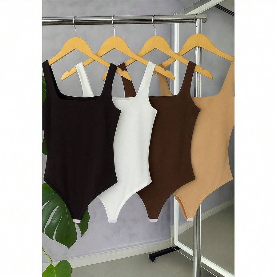 Kit 4 Bory Bodi Leotard Tank Top Thick Strap Casual Second Skin Fashion Women's Female P M G GG - 黑色/棕色/白色/裸色 - 查看 1