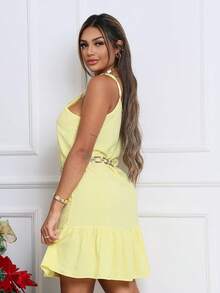 Loose Women's Dress With Adjustable Straps - Viscose Fabric - Vàng nhạt - Xem 2