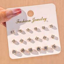 9 件/18 件经典玻璃水晶耳钉，简约时尚耳环组合 - 方爪 - 查看 3