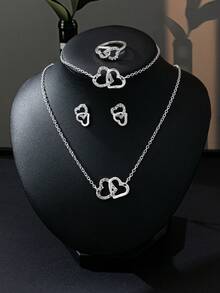 1对心形耳钉，1条手链，1条项链，1个戒指，5件/套 - 銀色 - 查看 4