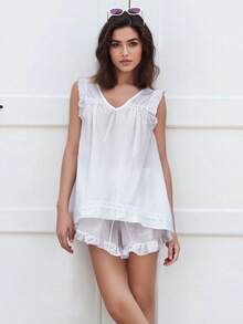 Conjunto informal de 2 piezas para mujer, camiseta sin mangas con cuello en V y volantes, pantalones cortos, ropa de estar por casa - Blanco - Ver 2