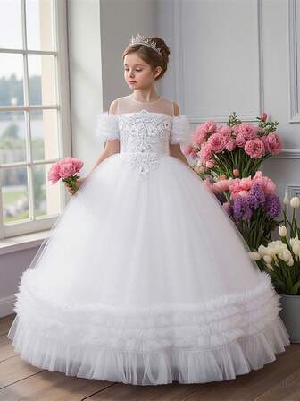 Vestido elegante de noche con volantes de tul y aplicaciones para niñas, adecuado para recitales de piano, fiestas, niña de las flores, no incluye diadema