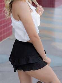 Womens Layered Ruffle Shorts Solid Color Elastic Waist Loose Shorts Summer Streetwear - Black - View 6