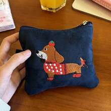 1 件可爱绒面腊肠犬形状小袋 - 耳机、口红、卫生巾、化妆包、便携式随身行李袋（不含骨头饰物）