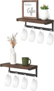 Dahey Mug Holder Wall Mounted Mug Rack With Hooks, Set Of 2, Storage Rustic Floating Shelf Coffee Bar Accessories Wood Coffee Cup Hanger For Organizing Cooking Utensil Home Kitchen Decor, Brown