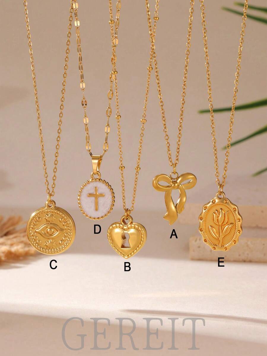 GEREIT 1 pieza Collar con colgante de acero inoxidable de 18K con diseños de corazón, ojo, lazo y cruz para mujeres