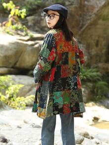 LUZU JUNU Women's Trench Coat Floral Print Long Cotton Linen Jacke Cottagecore Clothing Patchwork Outwear Bohemian Unique - 綠色夾克毛絨襯裡 - 查看 7