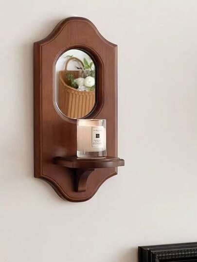 رف حائط ديكور - حامل شموع بطراز فرنسي، للغرفة المعيشية، غرفة النوم، المقهى (عيد الهالوين، عيد الميلاد، )، فن الحائط | رف نباتات خشبي لعرض الشموع | مرآة حائط عتيقة | هدية ترحيب ساحرة/منزلية - الشموع غير مشمولة