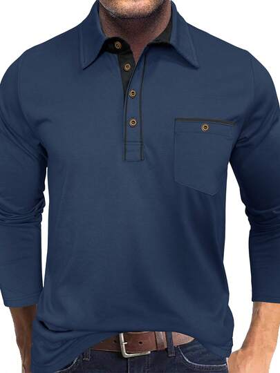 Men Plus Size 2025 New Fashionable Spring & Autumn Long Sleeve Polo Shirt, Casual Button-Down Collar Solid Color Pocket Henley Top, Fall