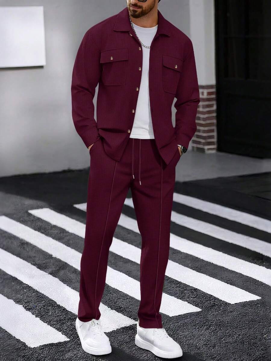 2pcs Men's Casual Solid Color Shirt With Dual Pockets & Collar + Pants Set, Lightweight Sporty Vacation Outfit, Spring/Autumn