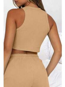 Women's Casual 3D Printed Ribbed Drawstring Set - Màu be - Xem 2