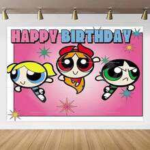 1PC Cartoon Powerpuff Girls Birthday Party Theme Photography Background Decoration Banner Baby Baptism Party Photo Props