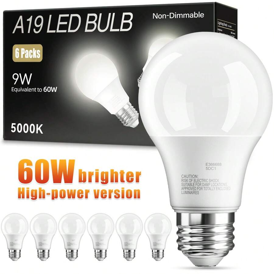 6/12/24 Pack A19 Bulb, 5000K Bright Daylight White, E26 Standard Base, 60W Equivalent LED Bulb, High Efficiency 9W, A19 Standard Bulb, 800 LM, 80+CRI, 15000 Hours, 120V Non-Dimmable, Modern Style Suitable For Bedroom, Living Room. - 白光 - 查看 1