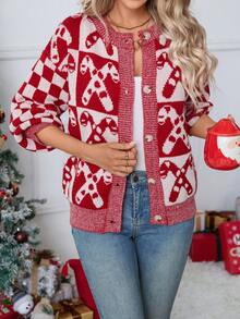 Autumn/Winter New Casual Chic Christmas Sweater Button Front Long Sleeve Cardigan Red Top Long Sleeve Going Out Top Thanksgiving For Women New Year Women's Party Daily Wear Date Festival Christmas - Red - View 5