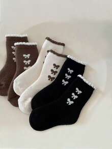 4 Paar Kinder Weiche, warme Fleece-gefütterte Socken mit Schleifen-Dekor, Prinzessin-Stil, knöchellang, geeignet für Skifahren, Herbst/Winter