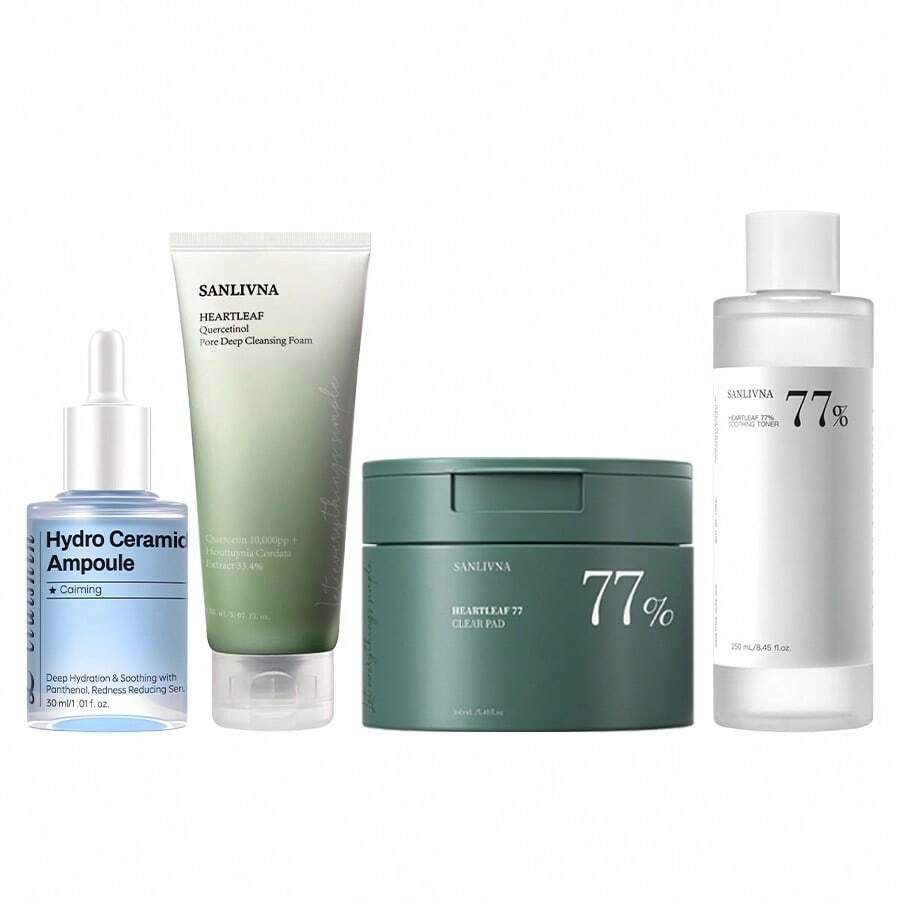 Conjunto de Cuidados com a Pele Heartleaf CERA-NOL 4 Peças - Óleo de Limpeza e Limpador Facial e Lenço Demaquilante e Sérum CERA-NOL, Acalmante e Reparador, Calmante, Minimiza os Poros, Controle de Oleosidade, Removedor de Cravos, Cria Pele de Vidro Coreana, Conjunto de Cuidados com a Pele, Para Pele Sensível, Skincare Coreano