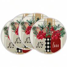 1 buc/4 buc/6 buc/60 buc Covorașe rotunde cu motive florale de Crăciun, frunze verzi și fructe de pădure roșii, covorașe din in de Crăciun, covorașe rezistente la pete, potrivite pentru casă, sufragerie și restaurant, decor de masă, articole pentru casă