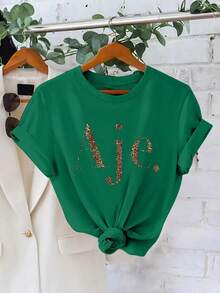 Letter Leopard Print Fashion Casual Short Sleeve Pullover Sweatshirt Women's Round Neck T-Shirt