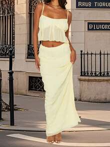 Womens Two Piece Summer Outfits Sleeveless Ruffle Hem Cami Tops And Long Skirt Set Beachwear - 黃色 - 查看 5