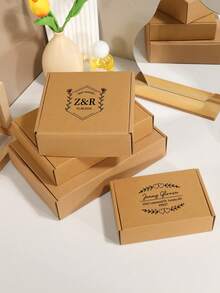 20 pezzi Scatole di imballaggio personalizzabili con logo/testo stampato bianco e marrone di varie dimensioni, scatole di corriere personalizzate, scatole di carta postali, forniture di imballaggio per spedizioni - Cachi - Visualizzare 3