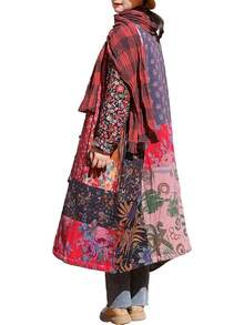 LUZU JUNU Women's Trench Coat Floral Print Long Cotton Linen Jacke Cottagecore Clothing Patchwork Outwear Bohemian Unique - 玫瑰暖絎縫 - 查看 1