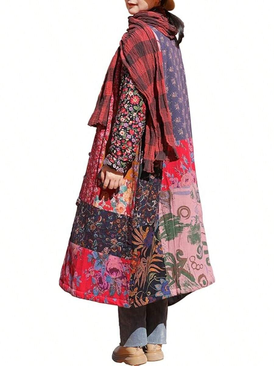LUZU JUNU Women's Trench Coat Floral Print Long Cotton Linen Jacke Cottagecore Clothing Patchwork Outwear Bohemian Unique - 玫瑰暖絎縫 - 查看 1
