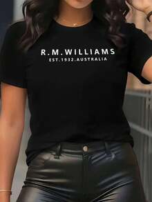 Women'S Casual Short Sleeve T-Shirt With R.M. Williams Australia Letter Print - Crew Neck, Breathable Stretch Fabric, All-Season Comfort, Sizes S-XXL, Casual Wear|Casual Style|Stretchy Fabric - 黑色 - 查看 2